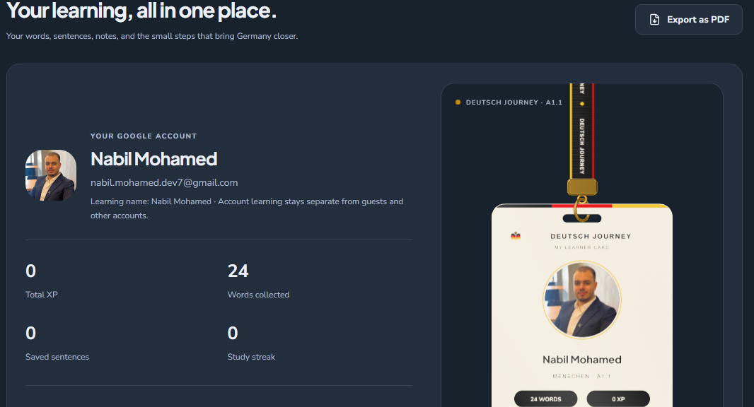 Deutsch Journey account overview with learning statistics, PDF export, and a personalized learner card
