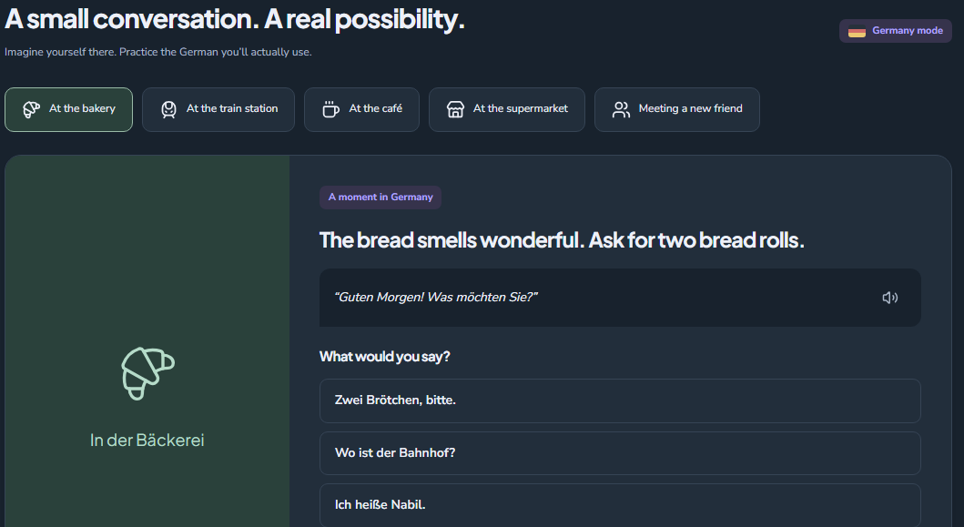 Deutsch Journey interactive German conversation exercise at a bakery
