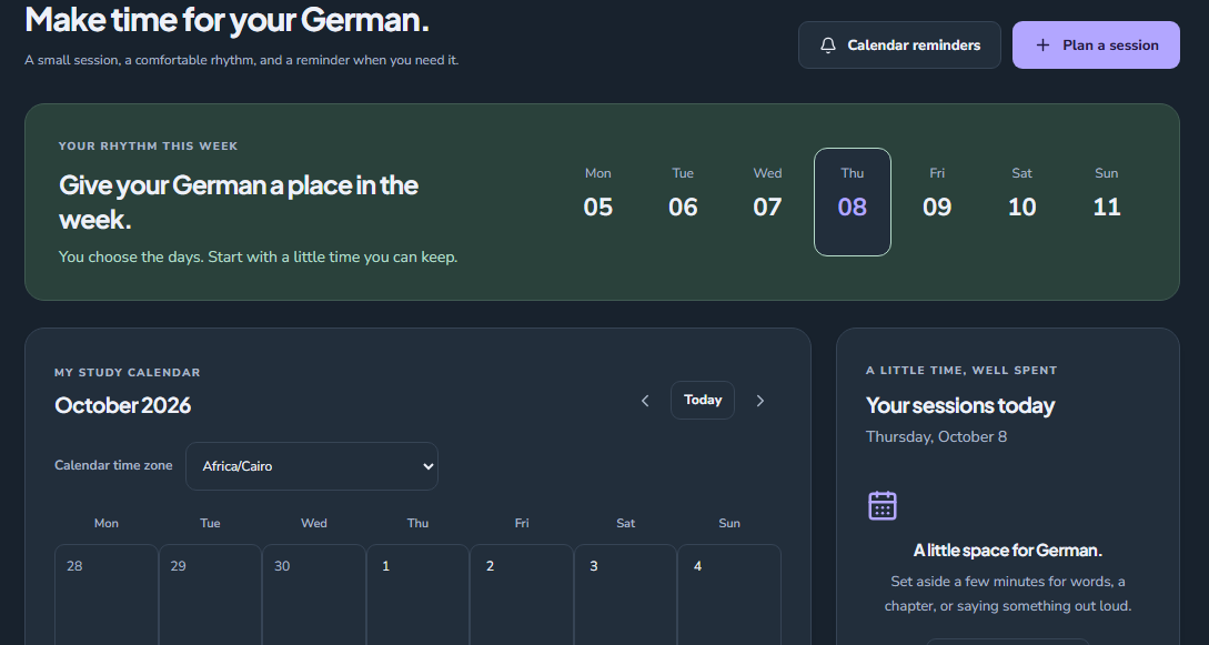 Deutsch Journey study calendar with weekly planning, session scheduling, and reminders