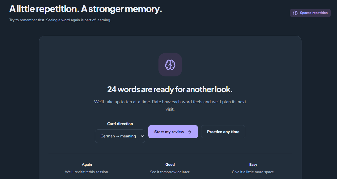 Deutsch Journey spaced repetition flashcards with review scheduling and recall ratings